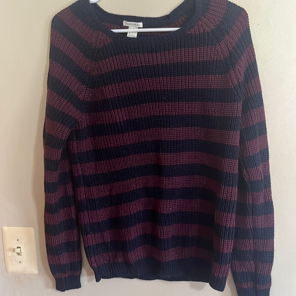 Forever 21 Womens Large Sweater Blue Striped Maroon Chunky Knit Pullover